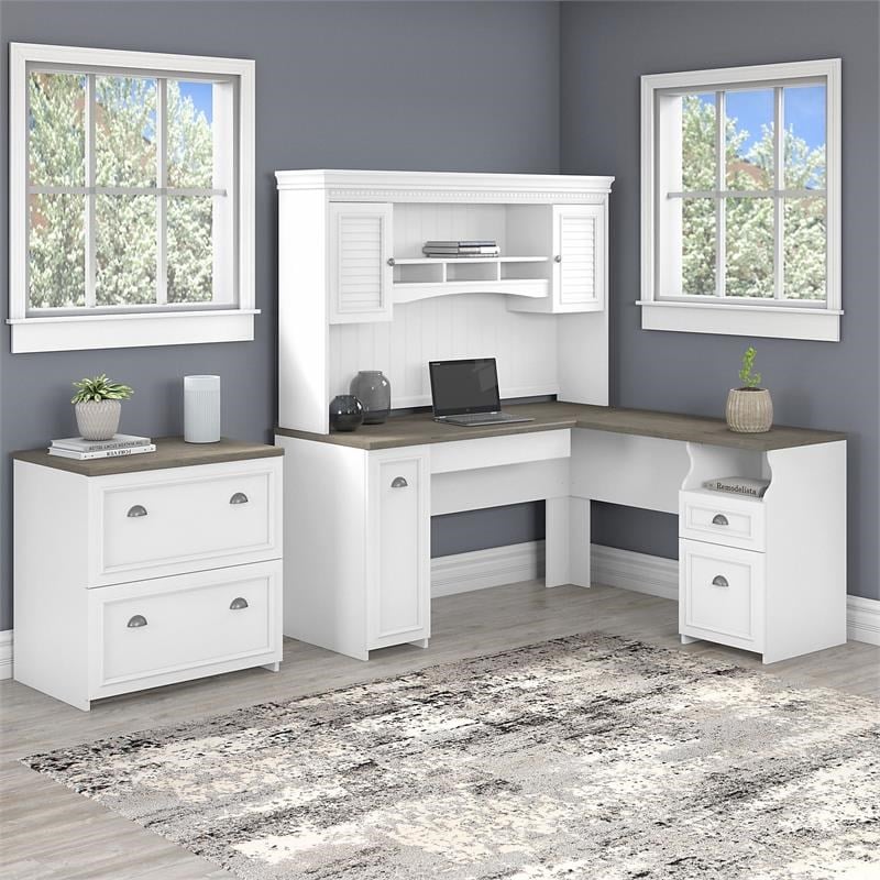 Pemberly Row L Desk with Hutch & File Cabinet in White & Gray - Engineered Wood
