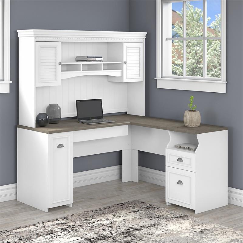 Pemberly Row 60W L Desk with Hutch in Shiplap Gray and White - Engineered Wood