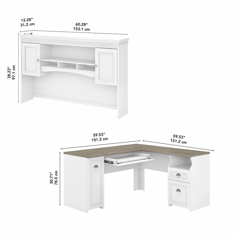 Pemberly Row 60W L Desk with Hutch in Shiplap Gray and White - Engineered Wood