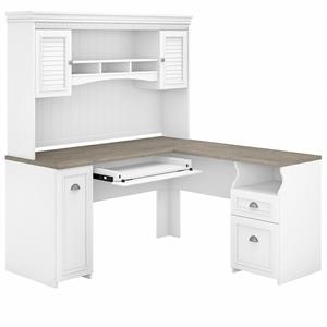 Pemberly Row 60W L Desk with Hutch in Shiplap Gray and White - Engineered Wood