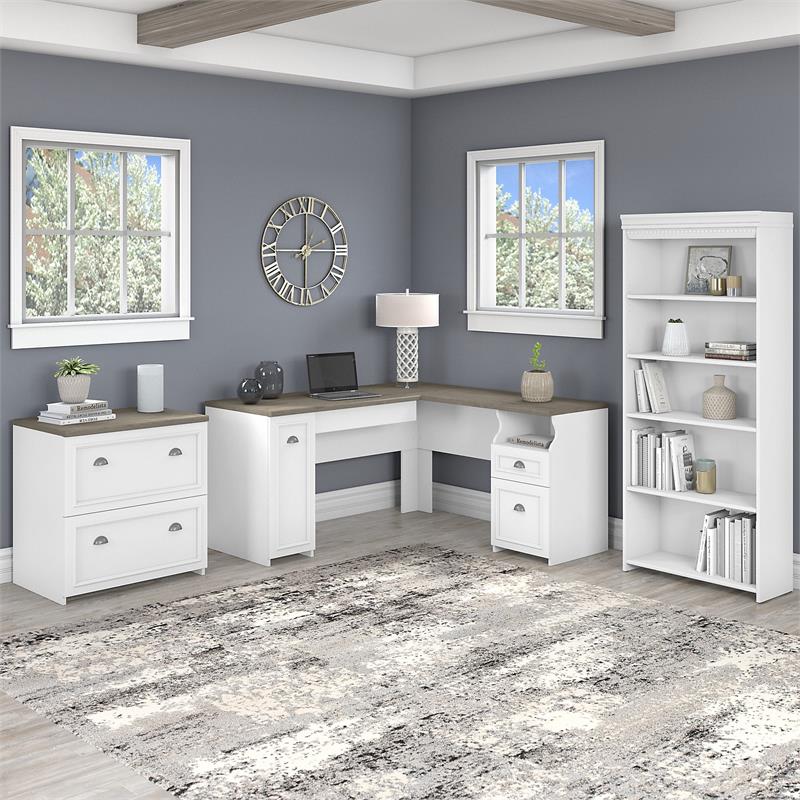 Pemberly Row L Desk with File Cabinet & Bookcase in White/Gray - Engineered Wood