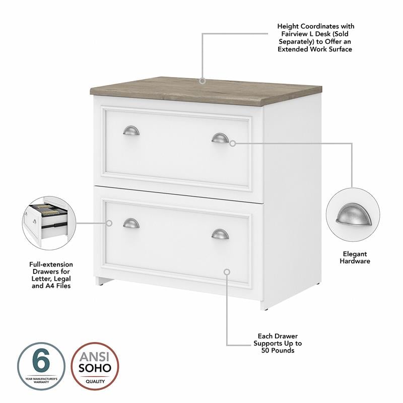 Pemberly Row L Desk with File Cabinet & Bookcase in White/Gray - Engineered Wood