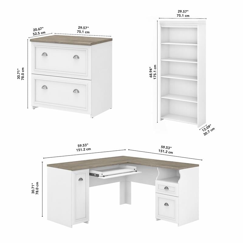 Pemberly Row L Desk with File Cabinet & Bookcase in White/Gray - Engineered Wood