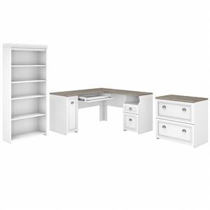 Pemberly Row L Desk with File Cabinet & Bookcase in White/Gray - Engineered Wood
