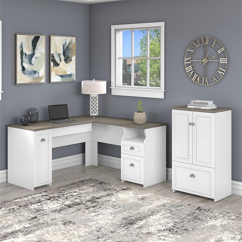 Pemberly Row L Desk and Storage File Cabinet in White and Gray - Engineered Wood