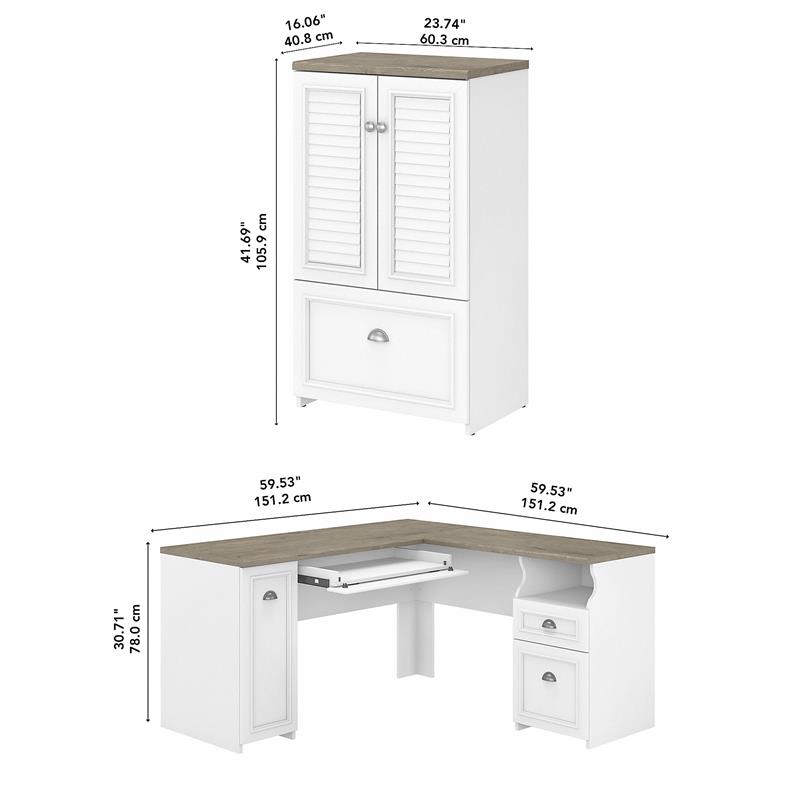 Pemberly Row L Desk and Storage File Cabinet in White and Gray - Engineered Wood