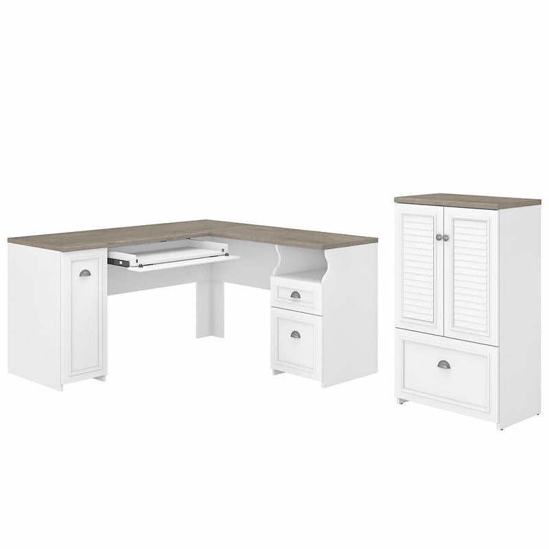 Pemberly Row L Desk and Storage File Cabinet in White and Gray - Engineered Wood