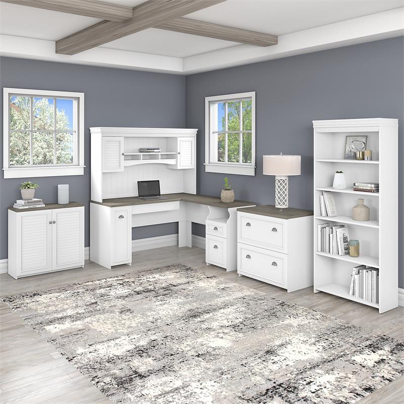 Pemberly Row Engineered Wood L Desk 5 Pc Office Set w/ Storage in White & Gray