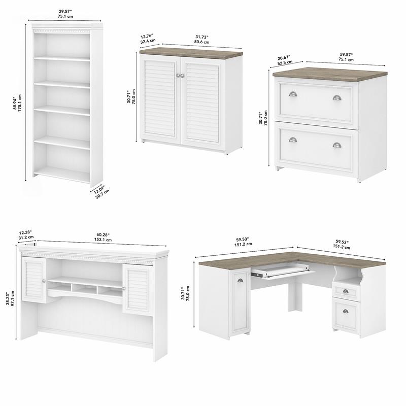 Pemberly Row Engineered Wood L Desk 5 Pc Office Set w/ Storage in White & Gray