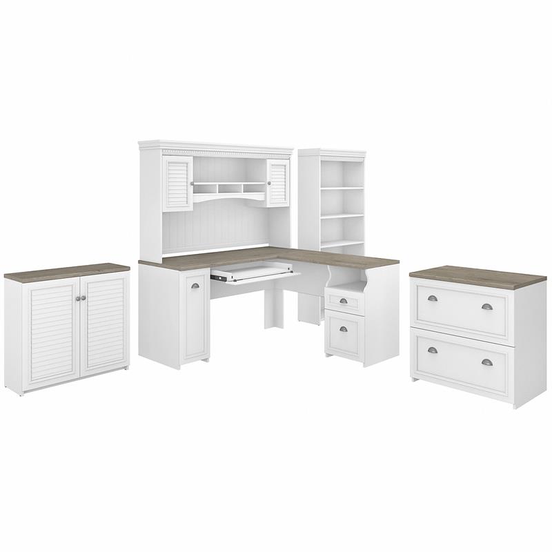 Pemberly Row Engineered Wood L Desk 5 Pc Office Set w/ Storage in White & Gray
