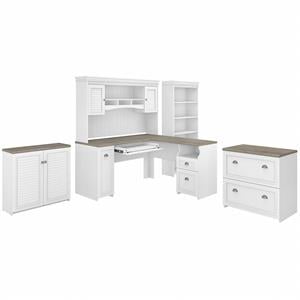 Pemberly Row Engineered Wood L Desk 5 Pc Office Set w/ Storage in White & Gray