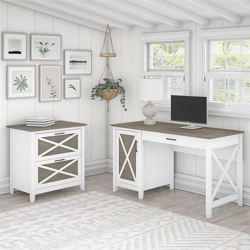 Pemberly Row Engineered Wood 54W Computer Desk w/ File Cabinet in White & Gray