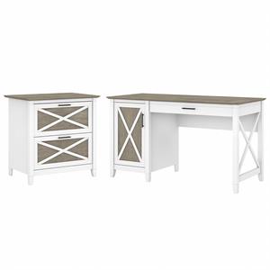 Pemberly Row Engineered Wood 54W Computer Desk w/ File Cabinet in White & Gray