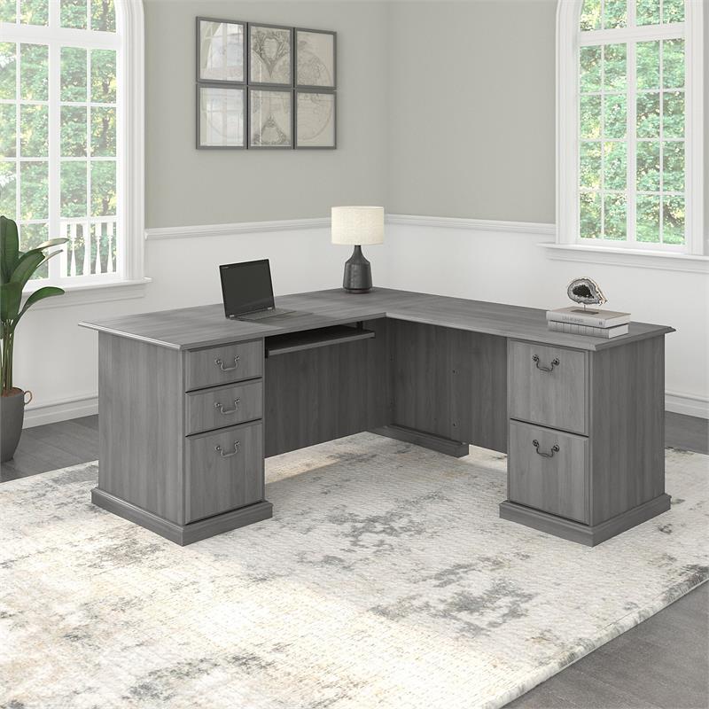 Pemberly Row L Shaped Computer Desk with Drawers in Gray - Engineered Wood