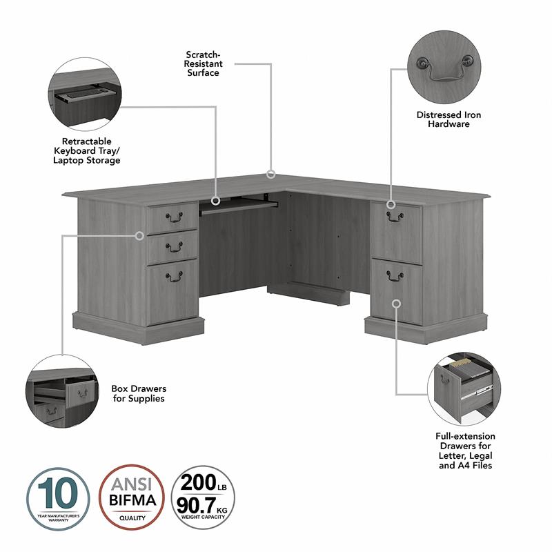 Pemberly Row L Shaped Computer Desk with Drawers in Gray - Engineered Wood