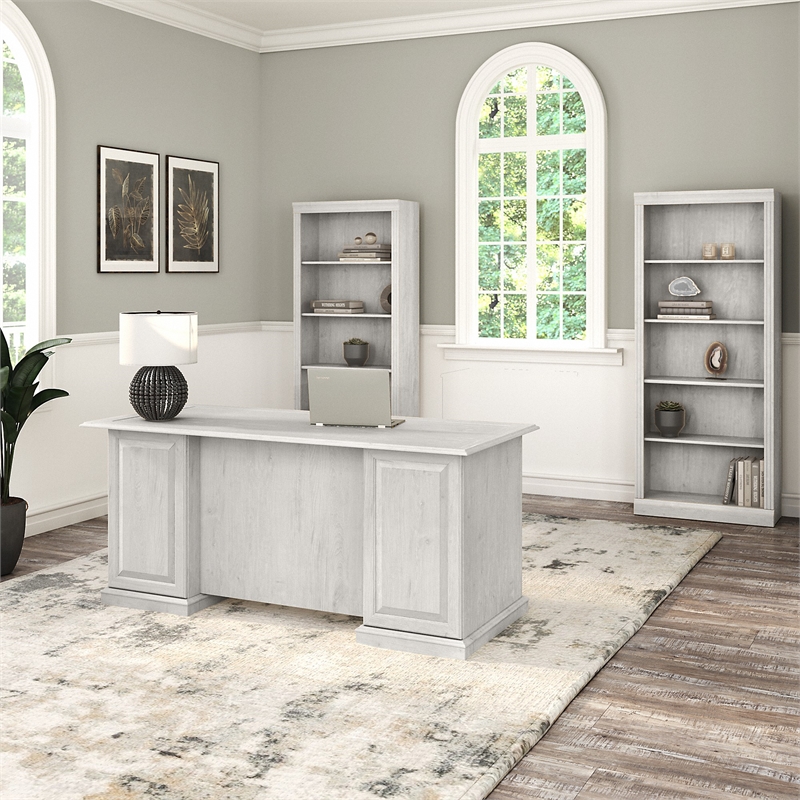 Pemberly Row Executive Desk & Bookcase Set in Linen White Oak - Engineered Wood