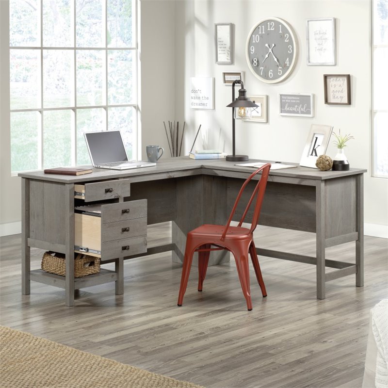 Pemberly Row L-shaped Farmhouse Engineered Wood Computer Desk in Mystic Oak