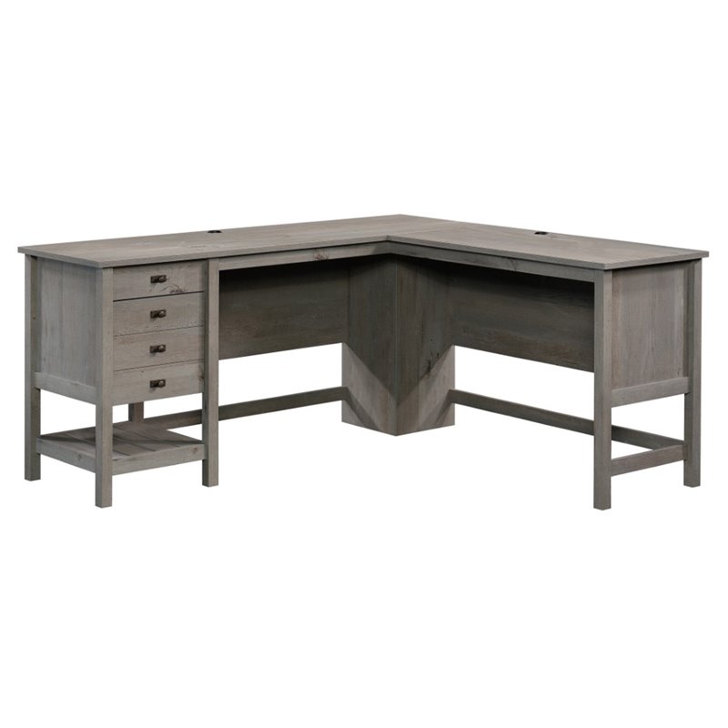 Pemberly Row L-shaped Farmhouse Engineered Wood Computer Desk in Mystic Oak