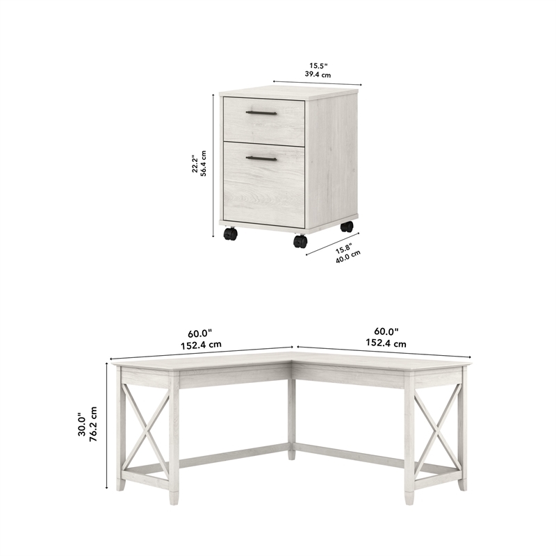 Pemberly Row L Shaped Engineered Wood Desk with Lateral File Cabinet in White