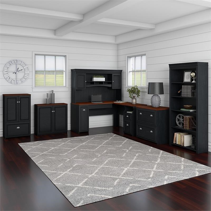 Pemberly Row L Shaped Desk with Hutch and Storage Set in Black - Engineered Wood