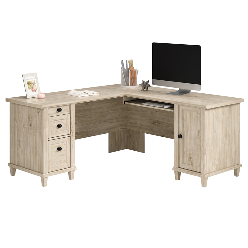 Pemberly Row Engineered Wood L-Shaped Desk in Chalk Oak Finish