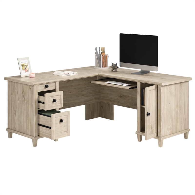 Pemberly Row Engineered Wood L-Shaped Desk in Chalk Oak Finish