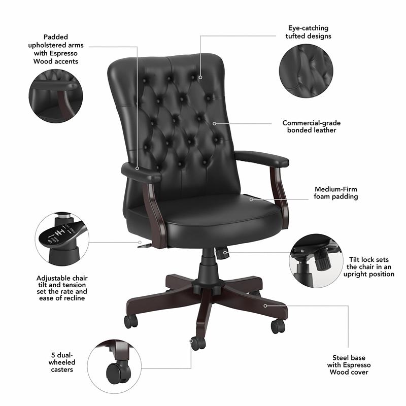 Pemberly Row High Back Tufted Office Chair with Arms in Black Leather