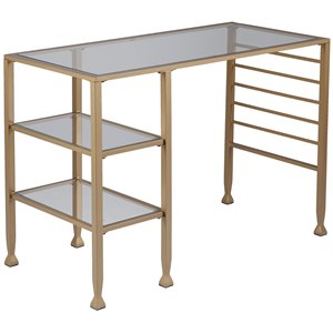 Pemberly Row Contemporary Glass Top Writing Desk in Soft Gold