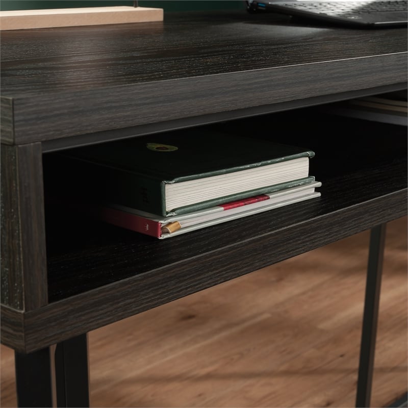 Pemberly Row Contemporary Engineered Wood and Metal L-Desk in Brew Oak