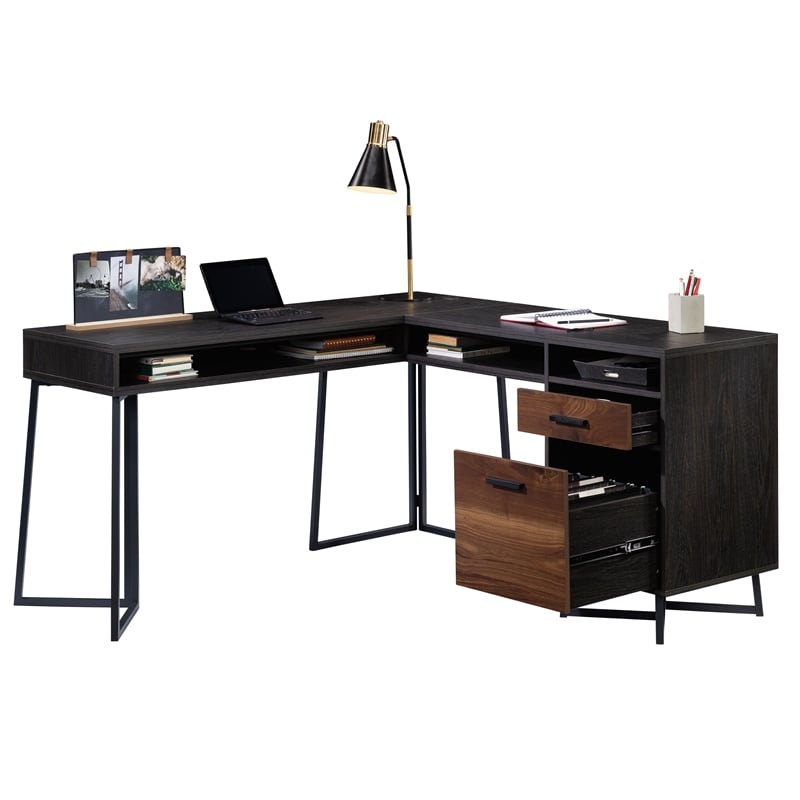 Pemberly Row Contemporary Engineered Wood and Metal L-Desk in Brew Oak