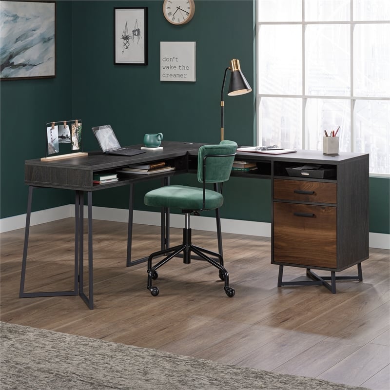 Pemberly Row Contemporary Engineered Wood and Metal L-Desk in Brew Oak