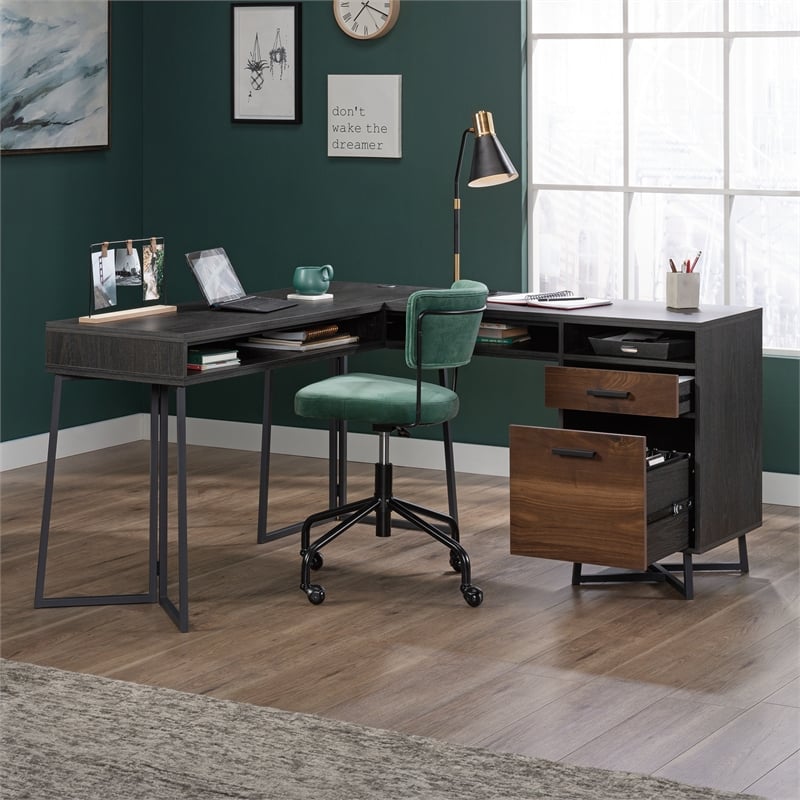 Pemberly Row Contemporary Engineered Wood and Metal L-Desk in Brew Oak