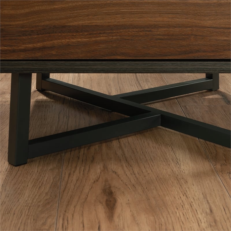Pemberly Row Contemporary Engineered Wood and Metal L-Desk in Brew Oak