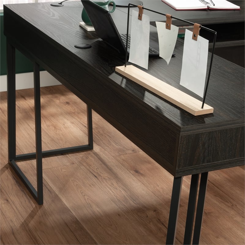 Pemberly Row Contemporary Engineered Wood and Metal L-Desk in Brew Oak