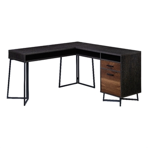 Pemberly Row Contemporary Engineered Wood and Metal L-Desk in Brew Oak