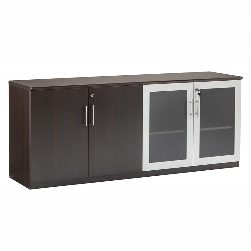 Pemberly Row Low Wall Cabinet with Doors (Wood-Glass Door) in Mocha