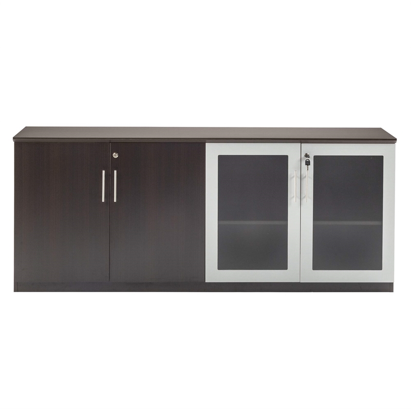 Pemberly Row Low Wall Cabinet with Doors (Wood-Glass Door) in Mocha