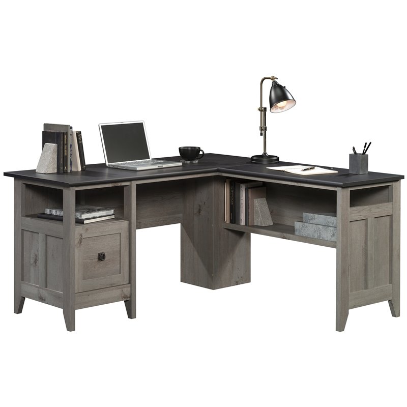 Pemberly Row Engineered Wood L-Shaped Computer Desk in Mystic Oak
