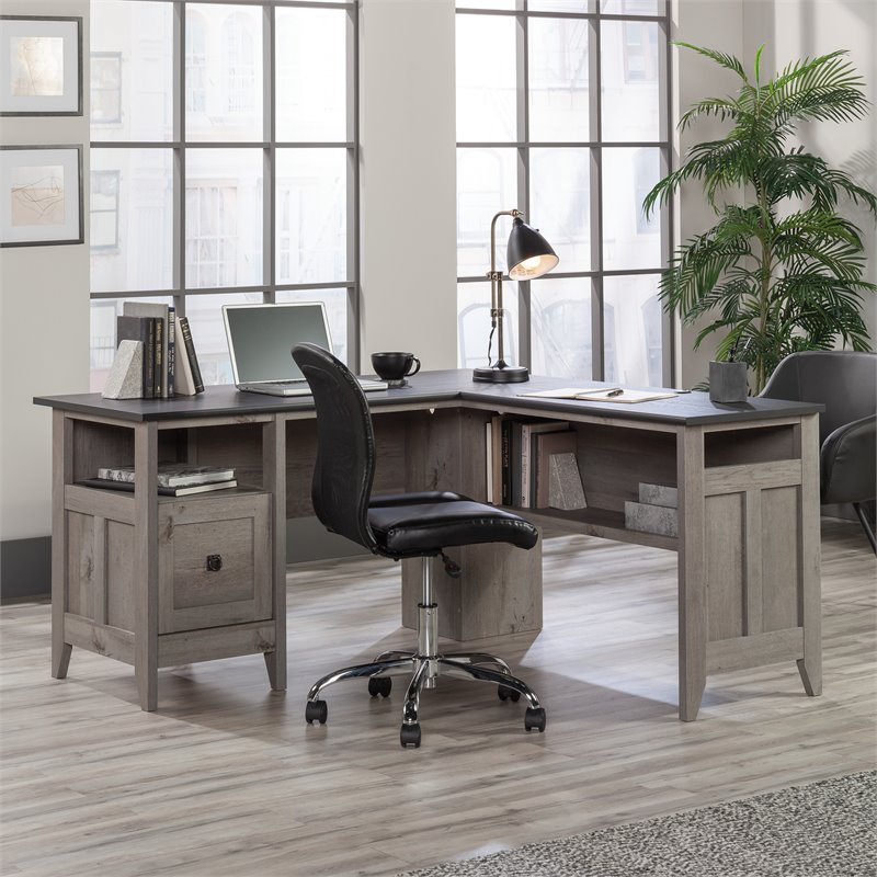 Pemberly Row Engineered Wood L-Shaped Computer Desk in Mystic Oak