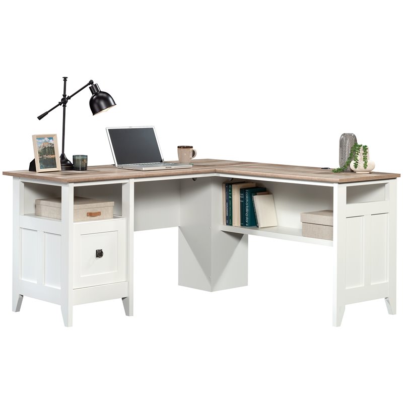Pemberly Row Engineered Wood L-Shaped Computer Desk in Glacier White