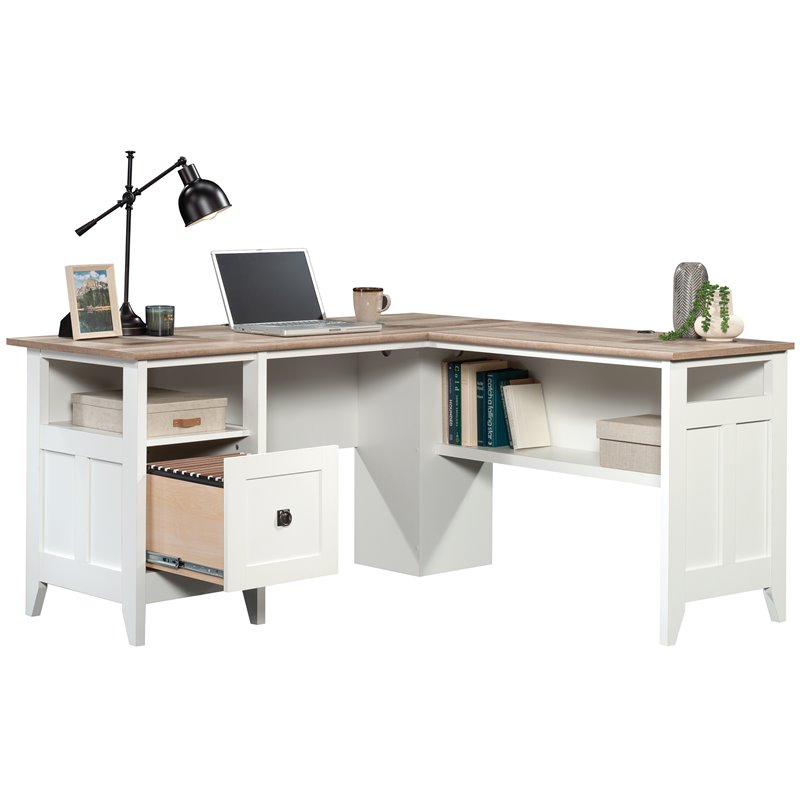 Pemberly Row Engineered Wood L-Shaped Computer Desk in Glacier White
