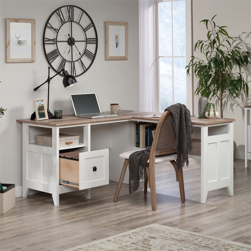 Pemberly Row Engineered Wood L-Shaped Computer Desk in Glacier White