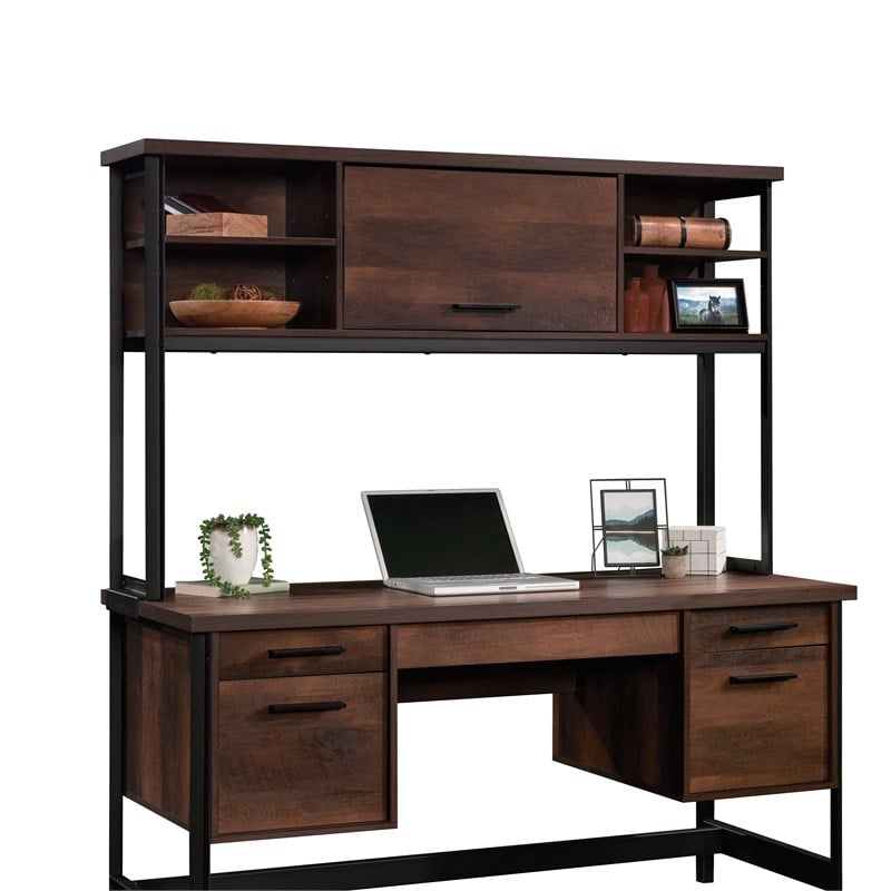 Pemberly Row Contemporary Engineered Wood and Metal Hutch in Barrel Oak