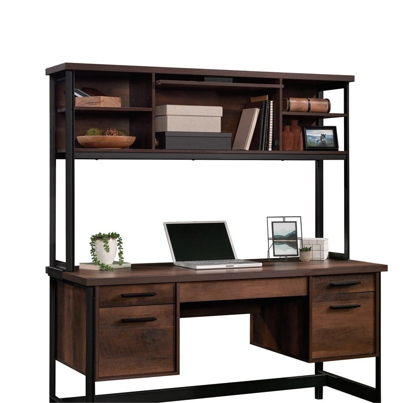 Pemberly Row Contemporary Engineered Wood and Metal Hutch in Barrel Oak