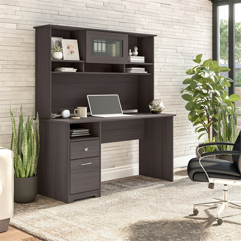 Pemberly Row 60W Computer Desk with Hutch in Heather Gray - Engineered Wood