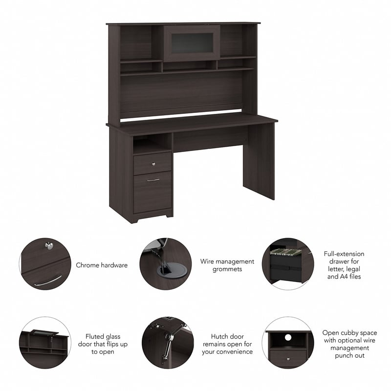 Pemberly Row 60W Computer Desk with Hutch in Heather Gray - Engineered Wood