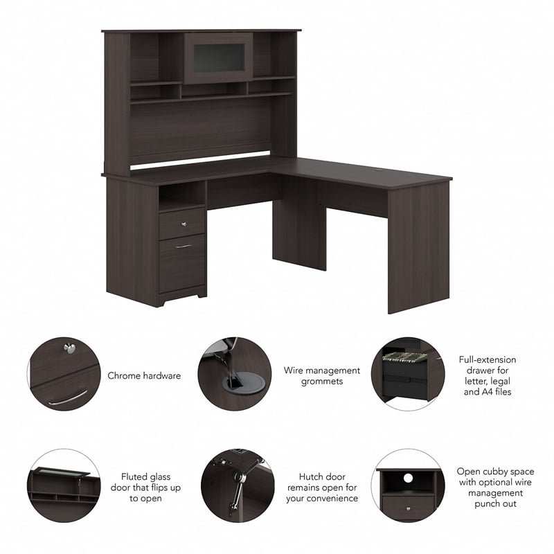 Pemberly Row Engineered Wood 60W L Shaped Computer Desk w/ Hutch in Heather Gray