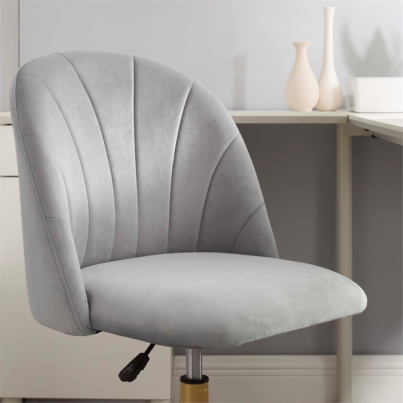 Pemberly Row Upholstered Adjustable Swivel Desk Chair Gold Legs in Light Gray