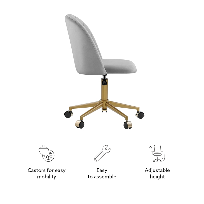 Pemberly Row Upholstered Adjustable Swivel Desk Chair Gold Legs in Light Gray