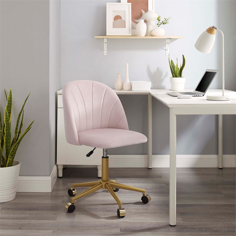 Pemberly Row Upholstered Adjustable Swivel Desk Chair Gold Legs in Blush Pink